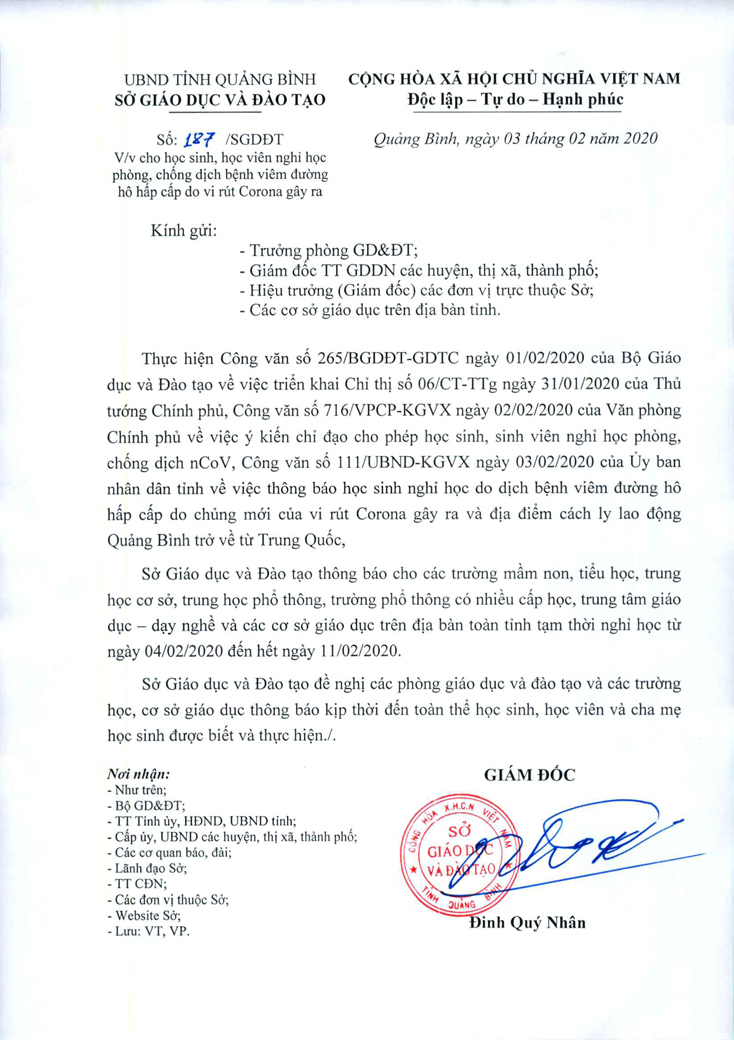 Thông báo của Sở GD-ĐT cho học sinh nghỉ học để các trường chủ động triển khai công tác phòng chống dịch Corona.