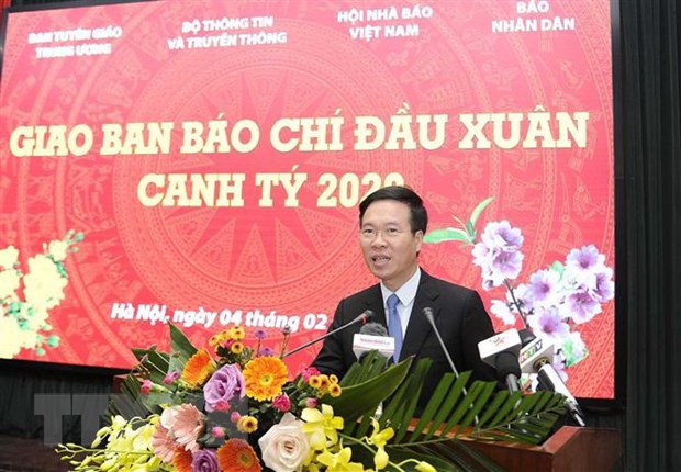 Ông Võ Văn Thưởng, Ủy viên Bộ Chính trị, Bí thư Trung ương Đảng, Trưởng Ban Tuyên giáo Trung ương phát biểu tại hội nghị. (Ảnh: Phương Hoa/TTXVN)