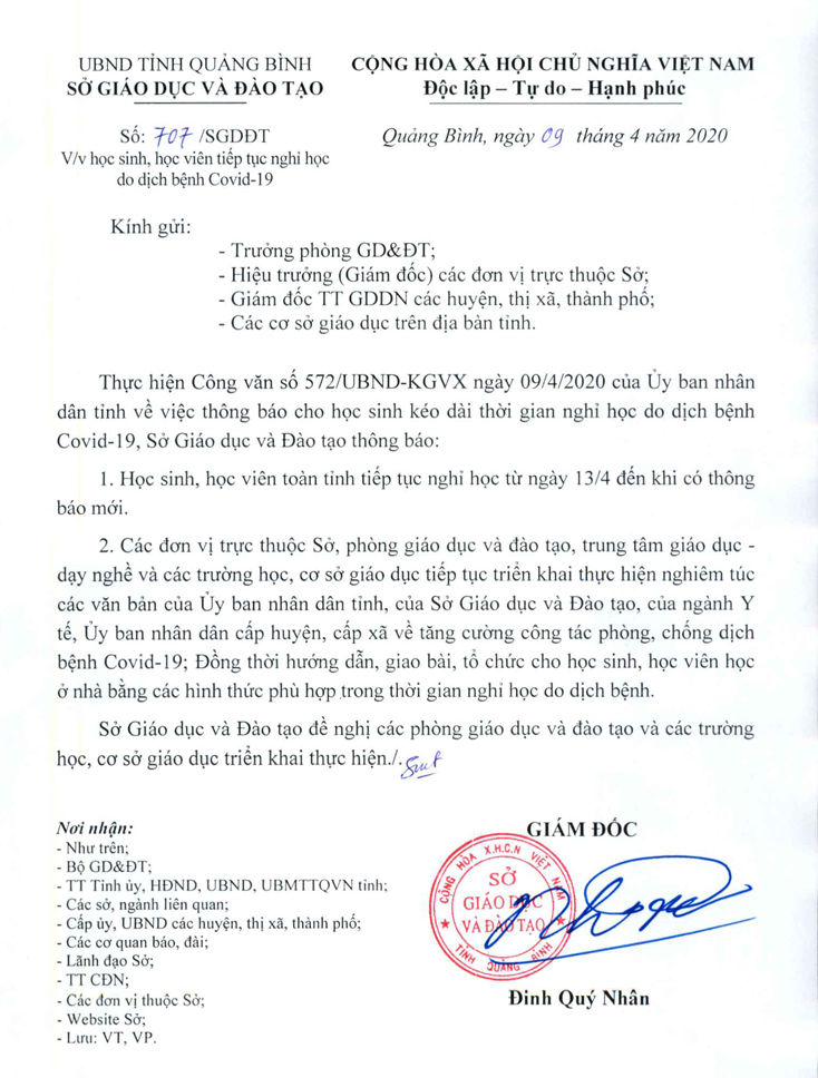 Công văn của Sở GD-ĐT cho học sinh, học viên toàn tỉnh nghỉ học từ ngày 13-4-2020 đến khi có thông báo mới .
