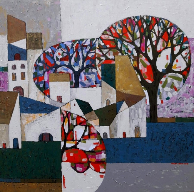  Tác phẩm “Mùa qua phố 02” (acrylic, 69xm x 69cm, 2018) của Nguyễn Minh