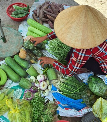 Chợ quê với bóng dáng mệ già và bảo sản vật vườn nhà.