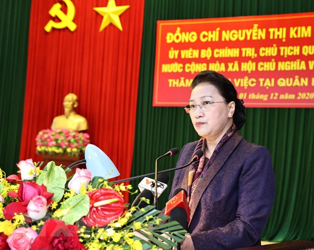 Chủ tịch Quốc hội Nguyễn Thị Kim Ngân phát biểu tại buổi làm việc. (Ảnh: Trọng Đức/TTXVN)