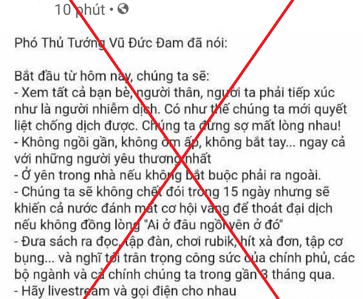 Bài viết xuyên tạc giả mạo phát ngôn của Phó Thủ tướng Vũ Đức Đam trên mạng xã hội.
