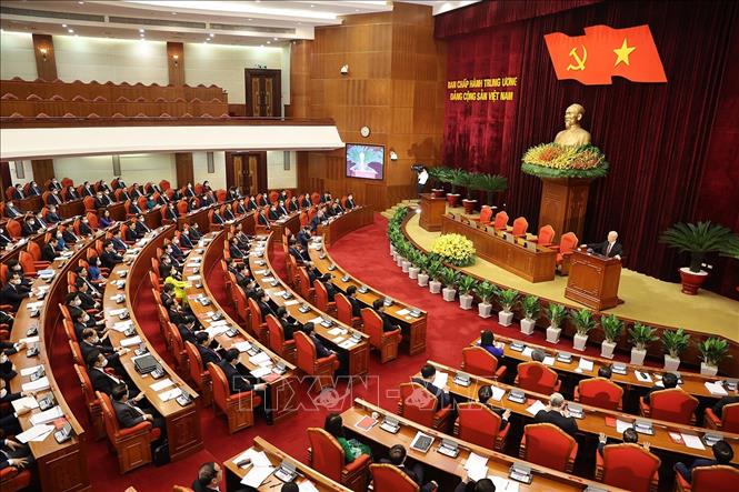Tổng Bí thư Nguyễn Phú Trọng phát biểu bế mạc Hội nghị lần thứ tư Ban Chấp hành Trung ương Đảng khóa XIII, sáng 7-10-2021. Ảnh: Trí Dũng/TTXVN