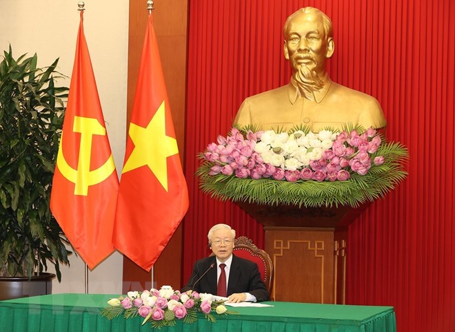 Chiều 6/6, Tổng Bí thư Nguyễn Phú Trọng hội đàm trực tuyến với Chủ tịch Đảng Mặt trận Giải phóng Mozambique (FRELIMO), Tổng thống Mozambique Filipe Jacinto Nyusi. (Ảnh: Trí Dũng/TTXVN)