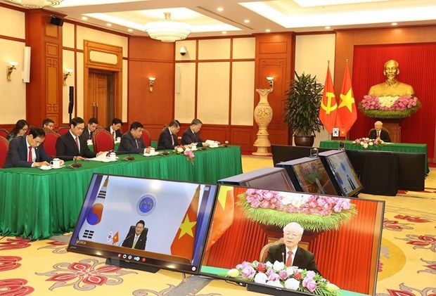 Sáng 8/6, tại Trụ sở Trung ương Đảng, Tổng Bí thư Nguyễn Phú Trọng hội đàm trực tuyến với Tổng thống Hàn Quốc Yoon Suk-yeol. (Ảnh: Trí Dũng/TTXVN)
