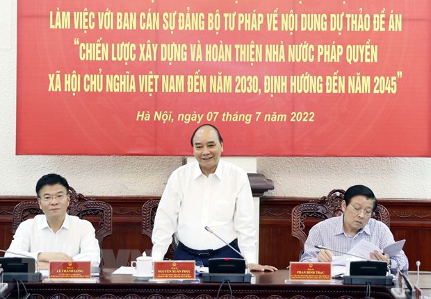 Chủ tịch nước Nguyễn Xuân Phúc làm việc với Ban Cán sự Đảng Bộ Tư pháp về Đề án xây dựng Nhà nước pháp quyền. (Ảnh: Thống Nhất/TTXVN)