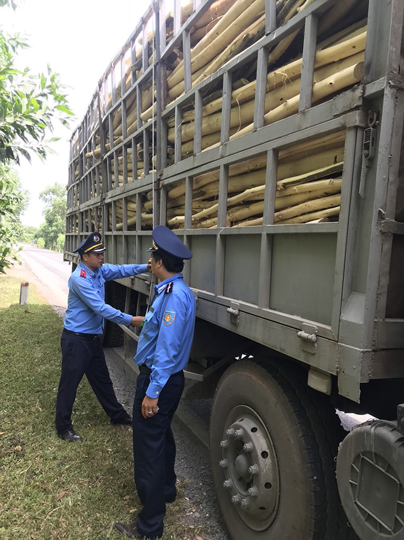 Thanh tra Sở GTVT tiến hành kiểm tra xe chở hàng có dấu hiệu vượt quá chiều cao cho phép.