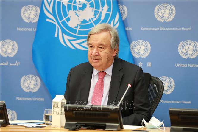 Tổng Thư ký LHQ Antonio Guterres trong cuộc họp báo tại khoá họp 77 Đại hội đồng LHQ ở New York (Mỹ), ngày 14/9/2022. Ảnh: THX/TTXVN