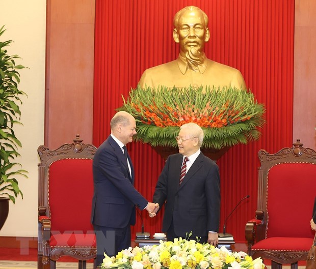 Tổng Bí thư Nguyễn Phú Trọng tiếp Thủ tướng Đức Olaf Scholz thăm chính thức Việt Nam. (Ảnh: Trí Dũng/TTXVN)