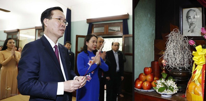 Chủ tịch nước Võ Văn Thưởng dâng hương tưởng niệm Chủ tịch Hồ Chí Minh tại Nhà 67, Khu Di tích Chủ tịch Hồ Chí Minh trong Phủ Chủ tịch. (Ảnh: TTXVN)