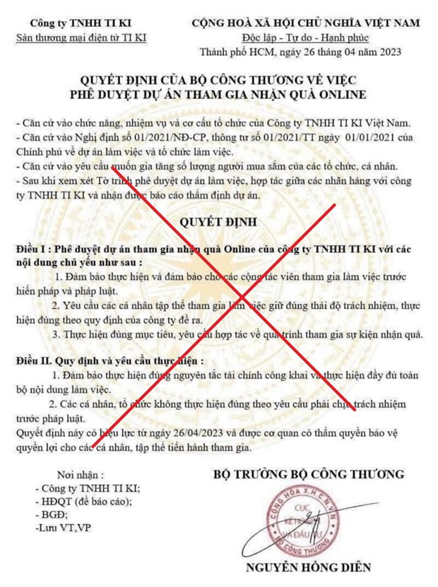 Văn bản giả mạo Bộ Công Thương về Phê duyệt dự án tham gia nhận quà online. (Ảnh: PV/Vietnam+)