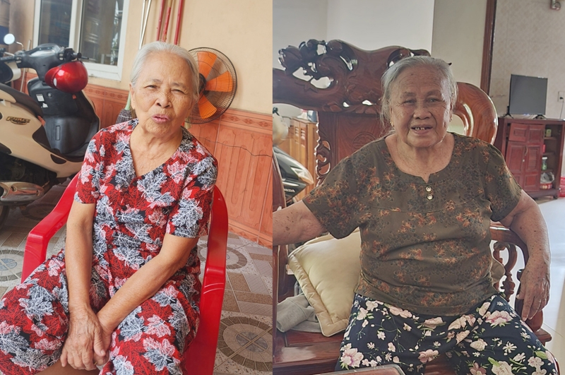   Bà Nguyễn Thị Dụng (bên trái) và bà Hoàng Thị Lào (bên phải) kể lại những kỷ niệm tham gia giải bóng chuyền nông thôn miền Bắc.