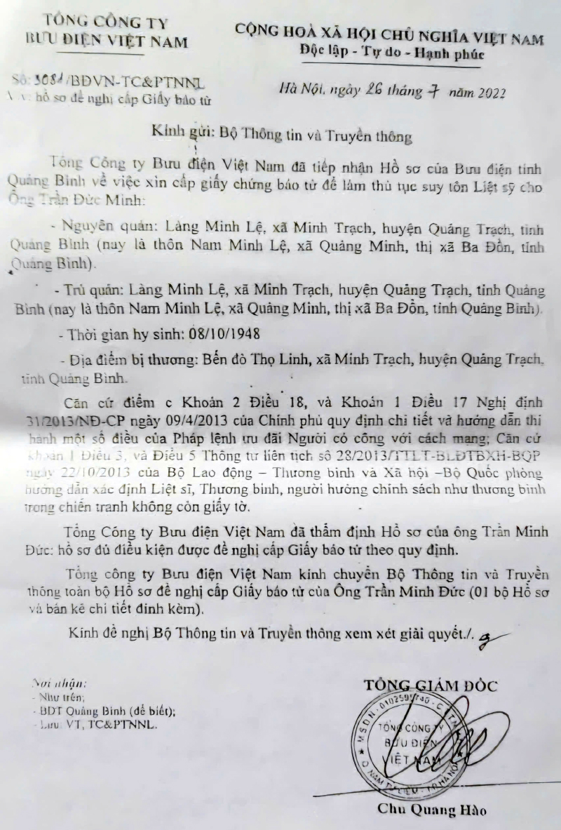 Thông báo của Tổng công ty Bưu điện Việt Nam cho biết hồ sơ của ông Trần Minh Đức đã đủ điều kiện được đề nghị cấp giấy báo tử theo quy định.