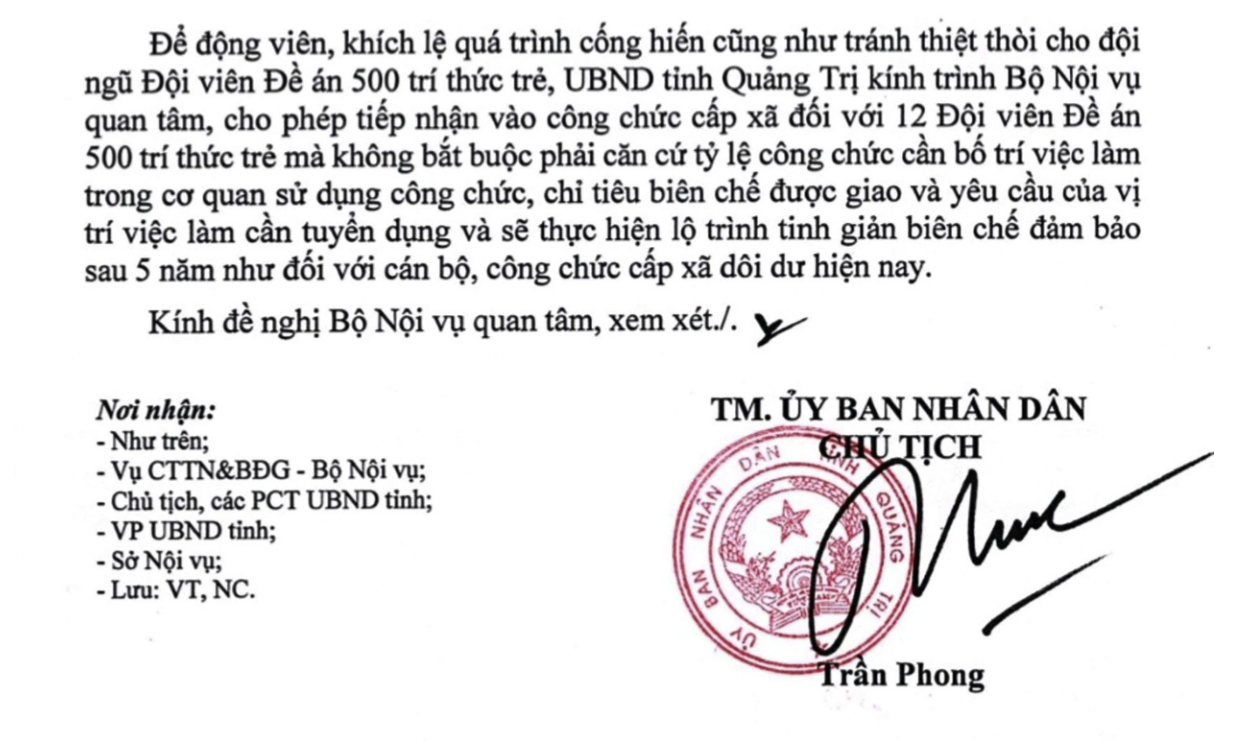 UBND tỉnh kiến nghị Bộ Nội vụ cho phép “đặc cách” tiếp nhận 12 đội viên Đề án 500 trí thức trẻ vào công chức cấp xã - Ảnh: T.Q