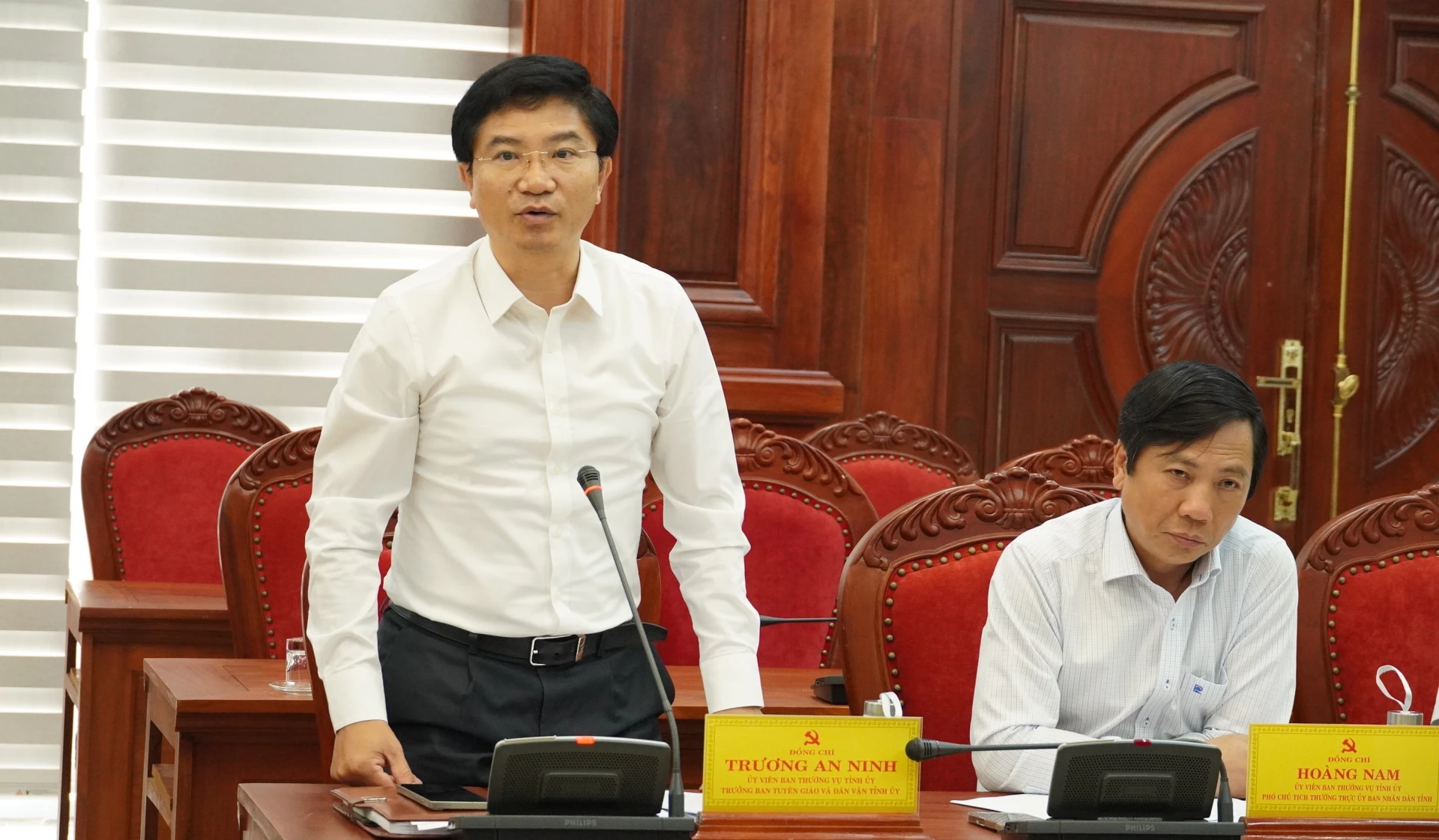 Trưởng Ban Tuyên giáo và Dân vận Tỉnh ủy Trương An Ninh phát biểu tại Hội nghị - Ảnh: QV