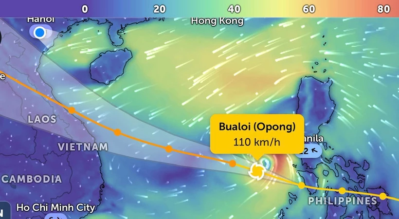 Vị trí bão Bualoi lúc 20 giờ 30 phút ngày 26/9. (Ảnh Zoom Earth)