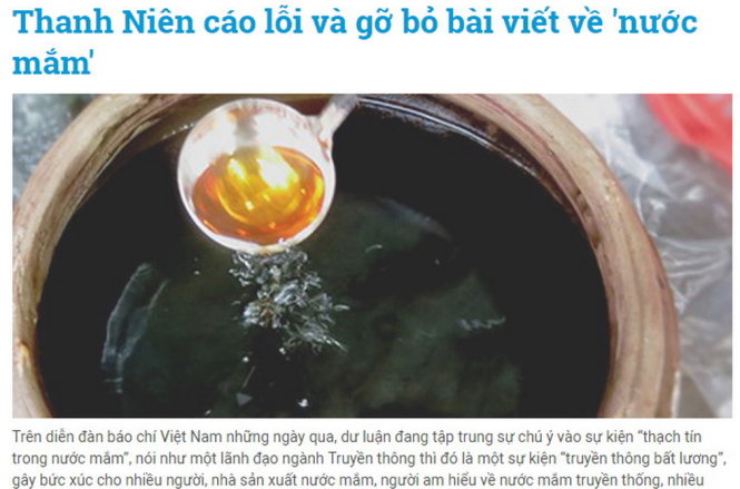 Báo Thanh Niên cáo lỗi và gỡ bỏ 5 bài viết về nước mắm