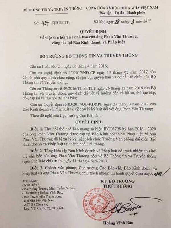 Thu thẻ nhà báo nguyên Trưởng đại diện báo Kinh doanh và Pháp luật