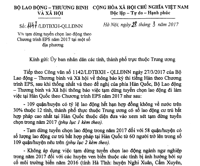 Tạm dừng tuyển chọn lao động sang Hàn Quốc tại 58 quận/huyện