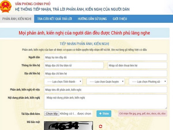 Hệ thống tiếp nhận, trả lời phản ánh, kiến nghị của người dân