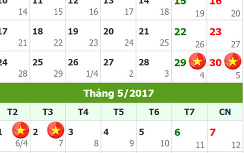 Lịch nghỉ lễ 30-4 và 1-5 của người lao động