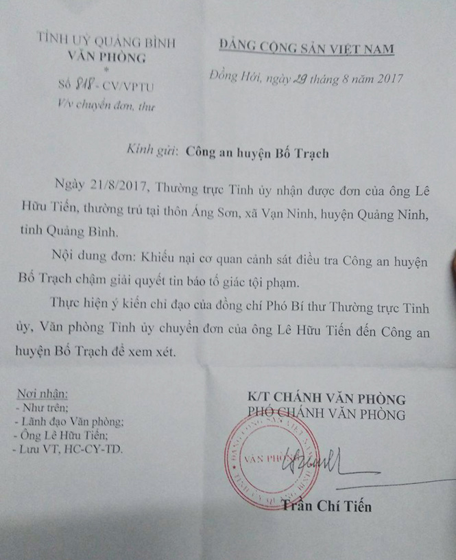 Đồng chí Phó Bí thư Thường trực Tỉnh ủy chỉ đạo Công an huyện Bố Trạch xem xét, giải quyết
