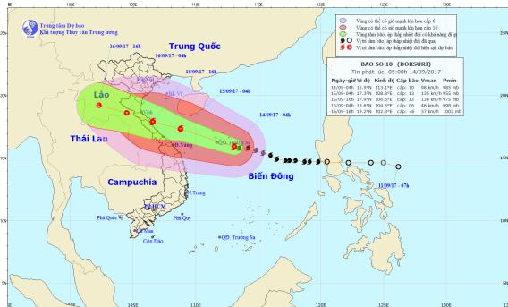 Sáng mai (15-9), tâm bão nằm trên vùng biển các tỉnh từ Nghệ An đến Quảng Trị