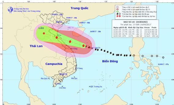 Khoảng trưa đến chiều mai (15-9), bão số 10 sẽ đổ bộ các tỉnh từ Nghệ An đến Quảng Trị