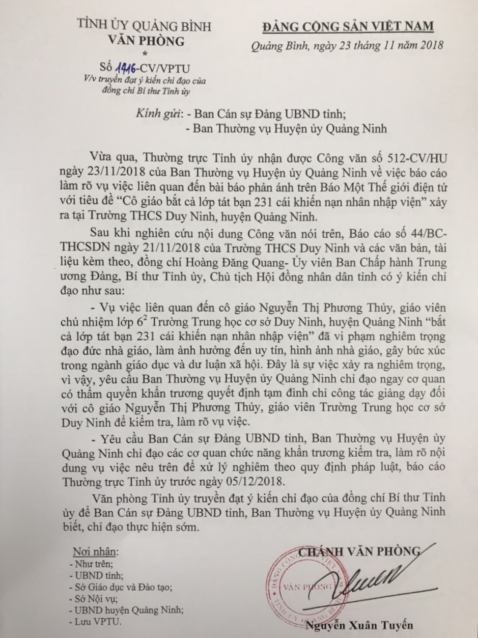 Về vụ việc cô giáo bắt học sinh tát bạn khiến nạn nhân nhập viện:    Đồng chí Bí thư Tỉnh ủy chỉ đạo phải xử lý nghiêm theo quy định pháp luật