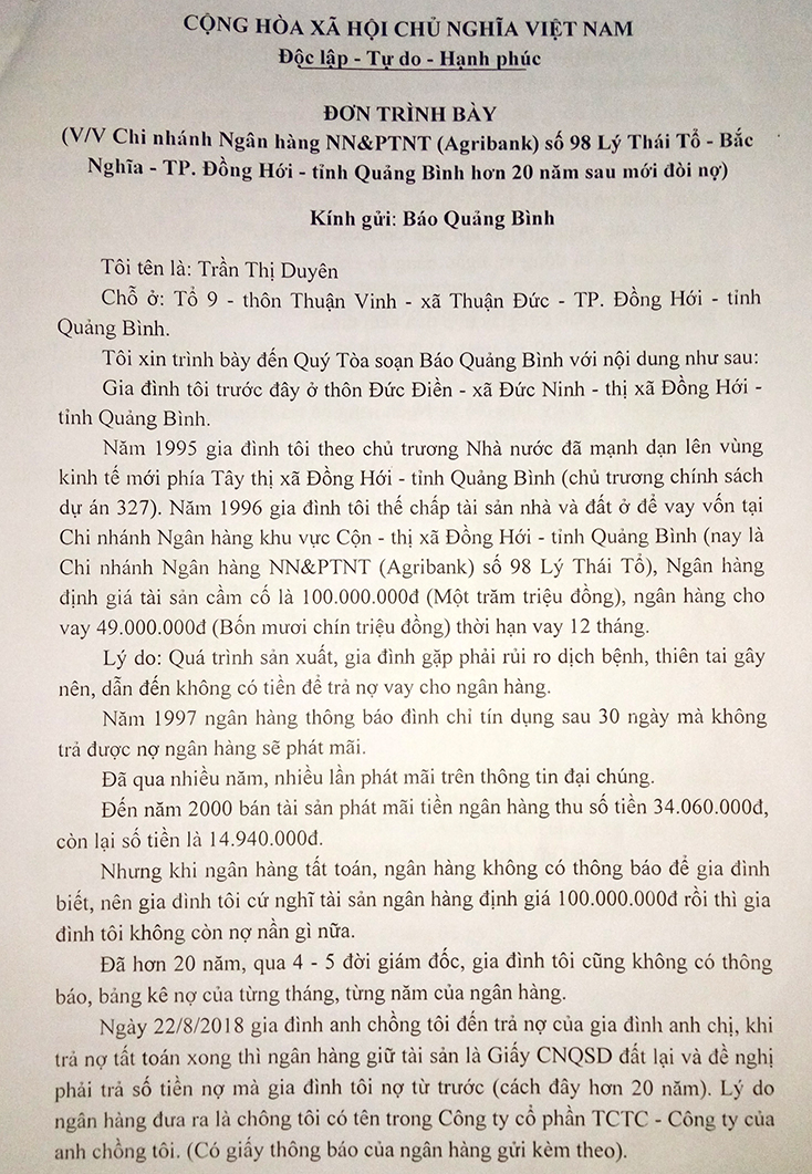 Người dân bị ngân hàng đòi khoản nợ lớn, dù tài sản thế chấp đã được bán gần 20 năm!