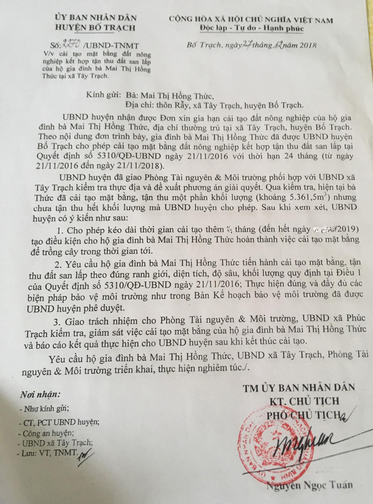 Việc cải tạo đất thực hiện theo đúng quy định được cấp phép