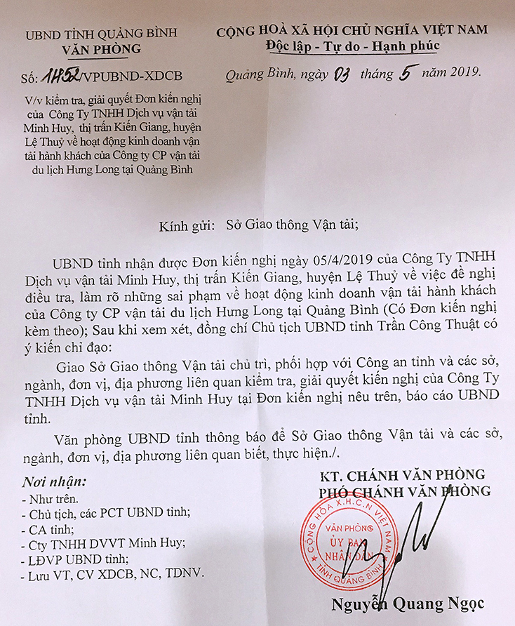 UBND tỉnh giao Sở GTVT chủ trì, phối hợp với các đơn vị chức năng giải quyết