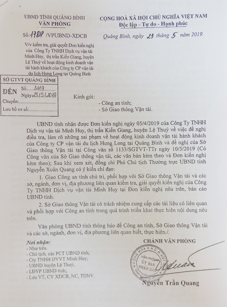 Công an tỉnh sẽ chủ trì kiểm tra, giải quyết đơn kiến nghị của Công ty Minh Huy trong hoạt động kinh doanh vận tải hành khách
