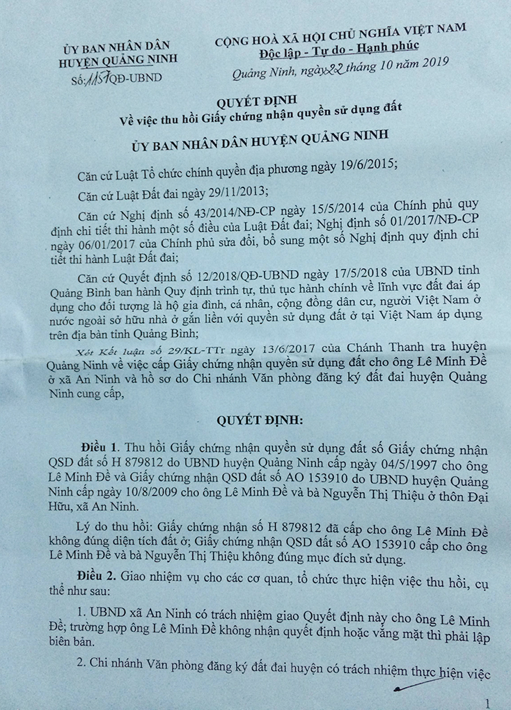 UBND huyện Quảng Ninh ra quyết định thu hồi GCNQSDĐ cấp sai