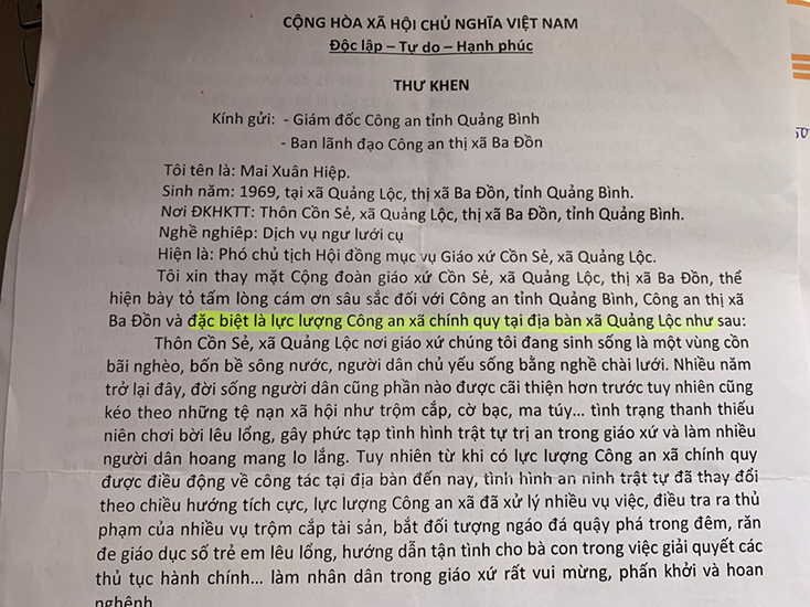 Giáo xứ Cồn Sẻ viết thư cảm ơn lực lượng công an