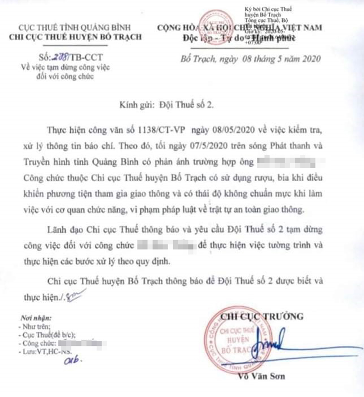 Tạm dừng công việc đối với cán bộ thuế vi phạm pháp luật về an toàn giao thông