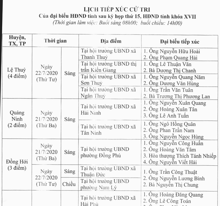Lịch tiếp xúc cử tri của đại biểu HĐND tỉnh sau kỳ họp thứ 15, HĐND tỉnh khóa XVII