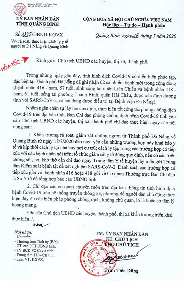 Rà soát, thực hiện cách ly y tế người từ Đà Nẵng về Quảng Bình