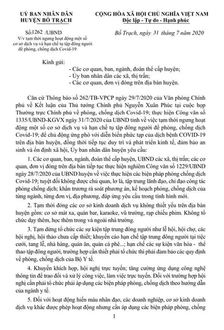 Tạm thời đóng cửa các cơ sở dịch vụ không cần thiết từ 0 giờ ngày 1-8