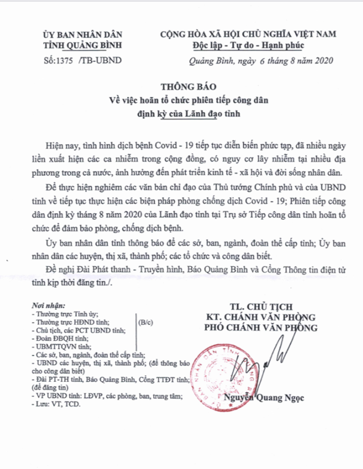 Tạm hoãn tổ chức phiên tiếp công dân định kỳ của lãnh đạo tỉnh