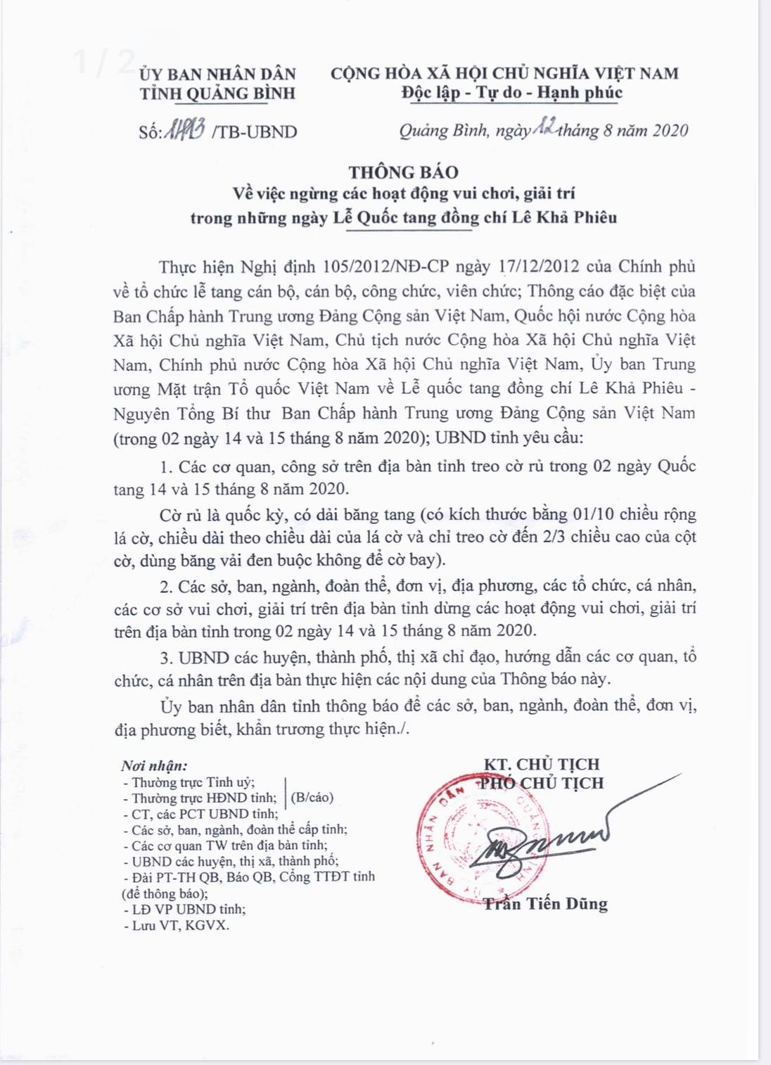 Ngừng các hoạt động vui chơi, giải trí trong những ngày Lễ Quốc tang đồng chí Lê Khả Phiêu