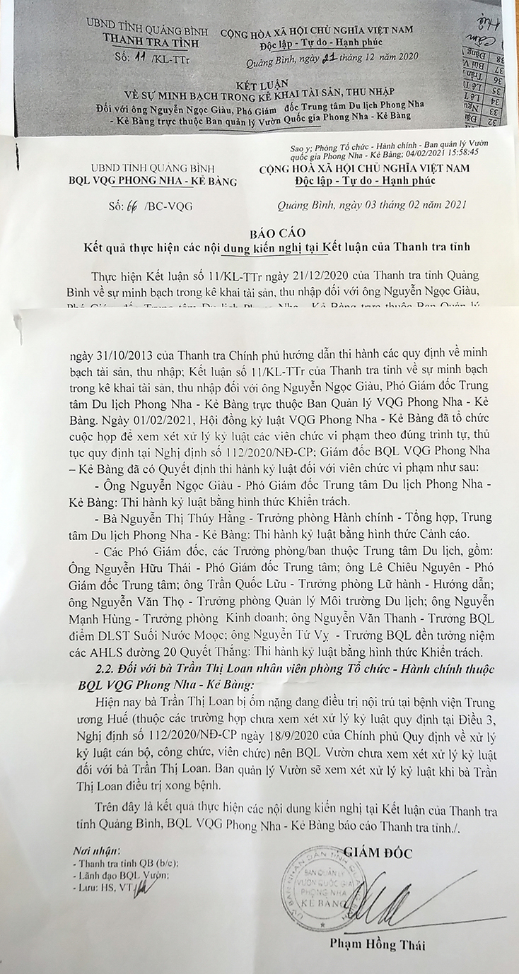 Trung tâm Du lịch Phong Nha-Kẻ Bàng: Một số cán bộ thiếu minh bạch trong kê khai tài sản, thu nhập