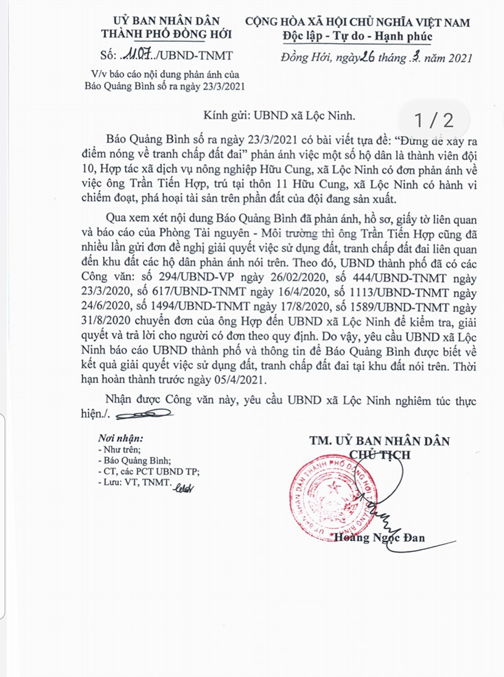 UBND TP. Đồng Hới yêu cầu UBND xã Lộc Ninh báo cáo sự việc