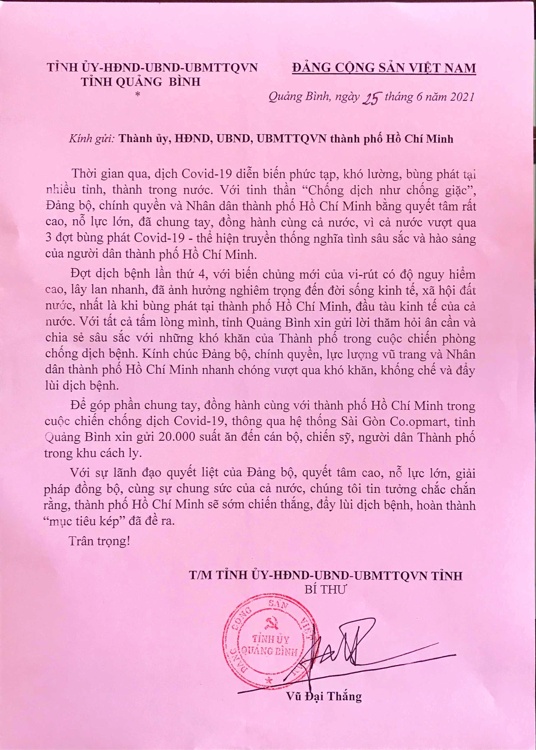 Quảng Bình gửi tặng thành phố Hồ Chí Minh 20.000 suất ăn