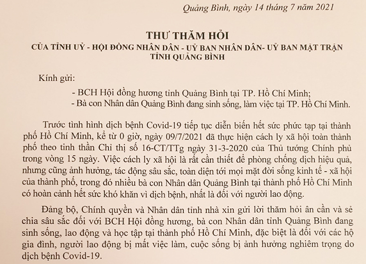 Hỗ trợ 500 triệu đồng cho người dân Quảng Bình có hoàn cảnh khó khăn tại thành phố Hồ Chí Minh