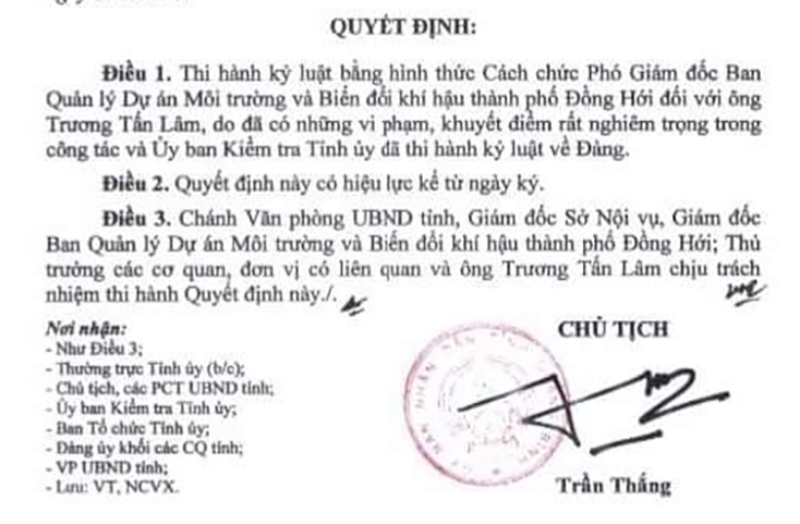 Cách chức Phó Giám đốc BQL Dự án Môi trường và Biến đổi khí hậu TP. Đồng Hới đối với ông Trương Tấn Lâm