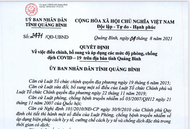 Áp dụng các mức độ phòng, chống dịch Covid-19 trên địa bàn tỉnh từ 0h00 ngày 5-8-2021