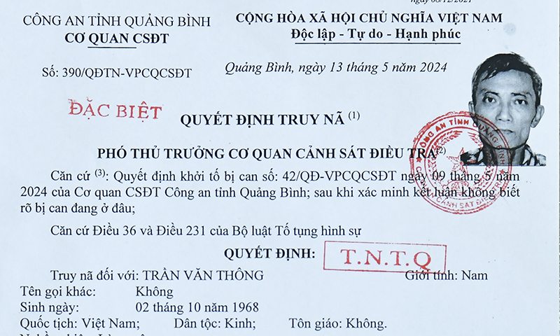 Truy nã đặc biệt đối tượng Trần Văn Thông liên quan vụ án giết người
